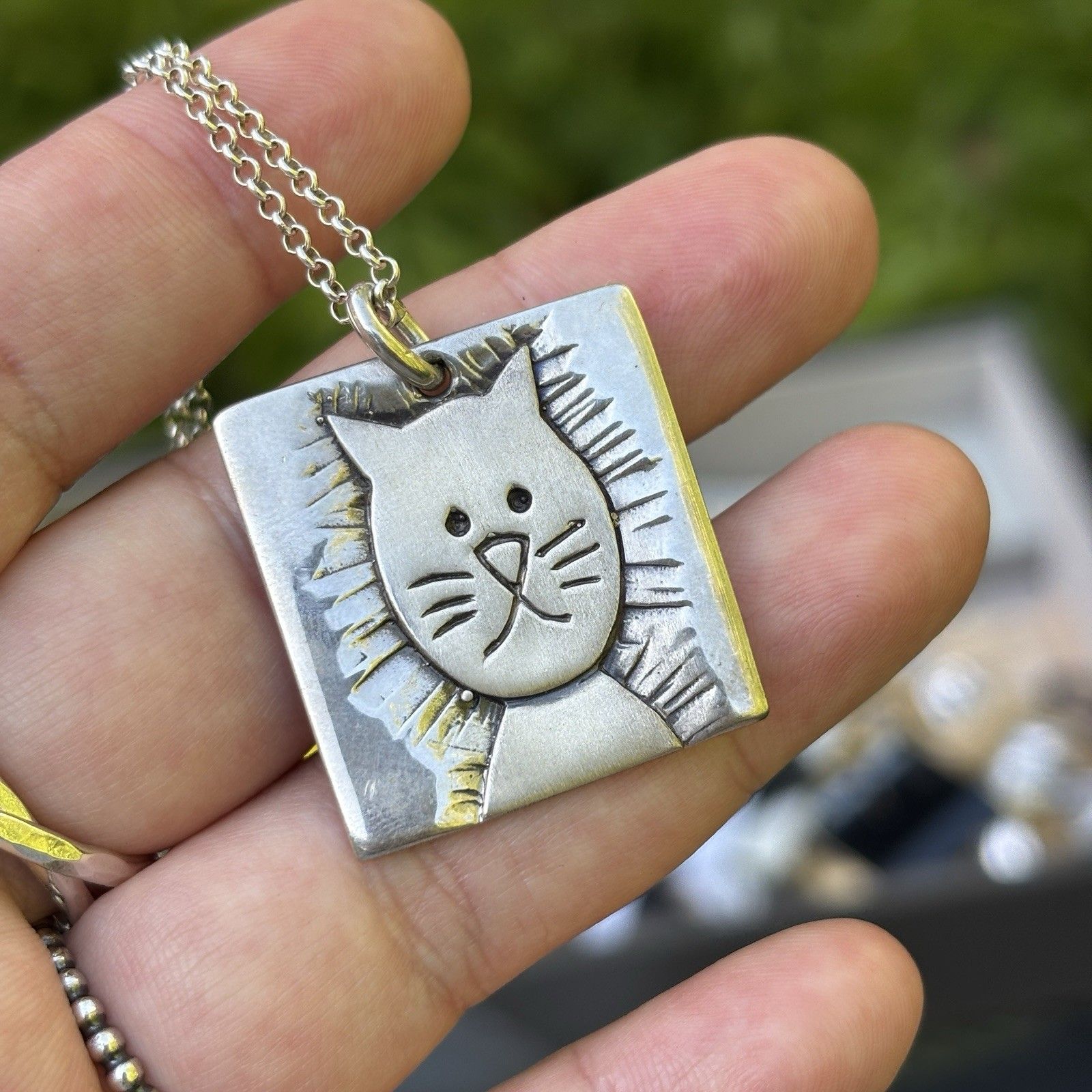 Dallas Pridgen 925 Sterling Silver Cat Square Pendant Handmade Necklace
